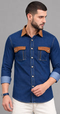 Mark Haydon CONTRA Series dark blue denim shirt for men with brown contrast collar and flap pockets, front view