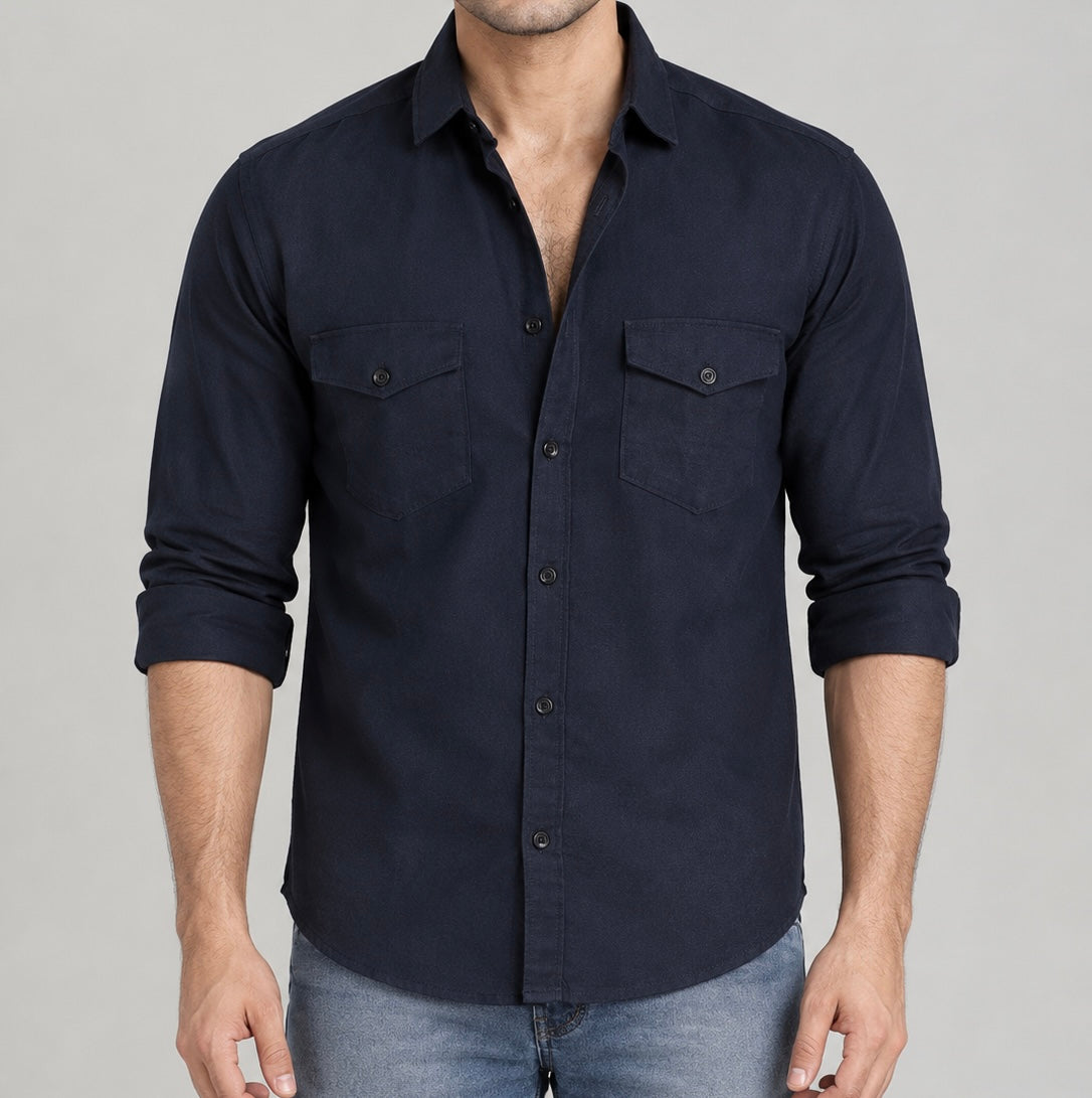 Mark Haydon men's self design casual shirt, dark blue, with flap chest pockets