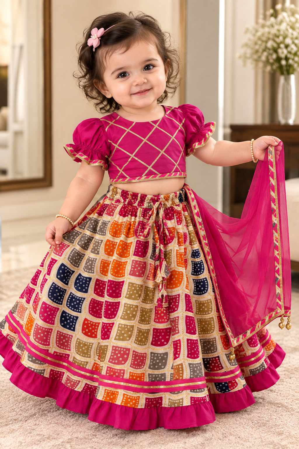 Mark Haydon girls Bandhani print lehenga choli set — pink, front view