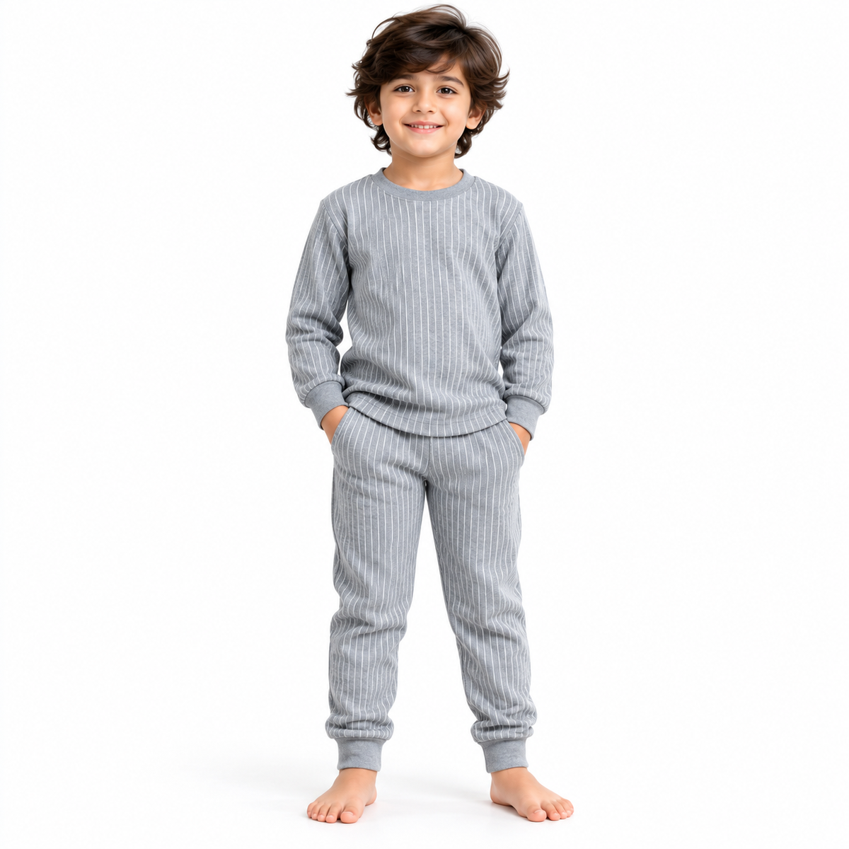 Kids thermal set for boys and girls – heather grey vertical stripe winter innerwear