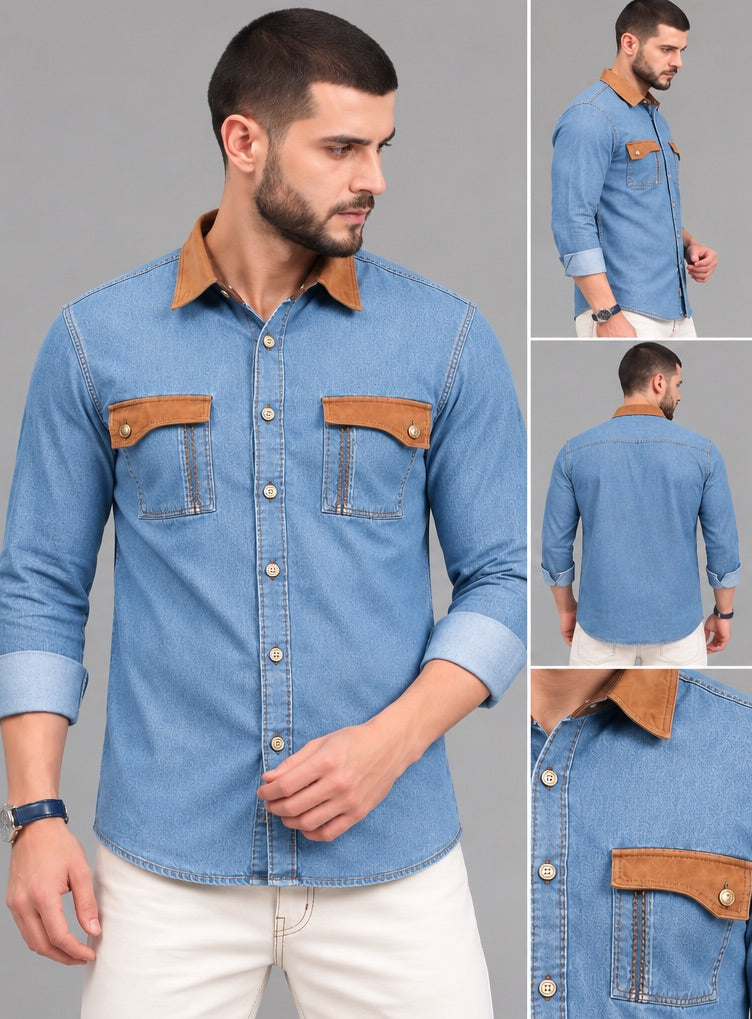 Light blue CONTRA denim shirt for men — front, side, back and pocket detail