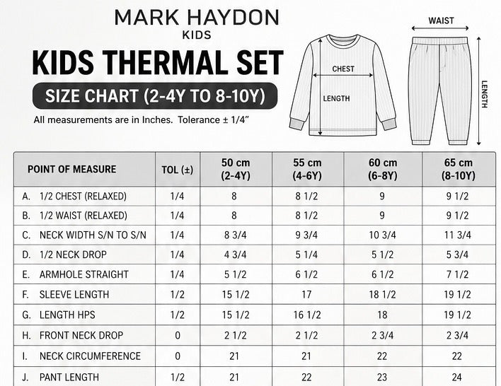 MARK HAYDON kids thermal set size chart – 2–4Y to 8–10Y measurements in inches