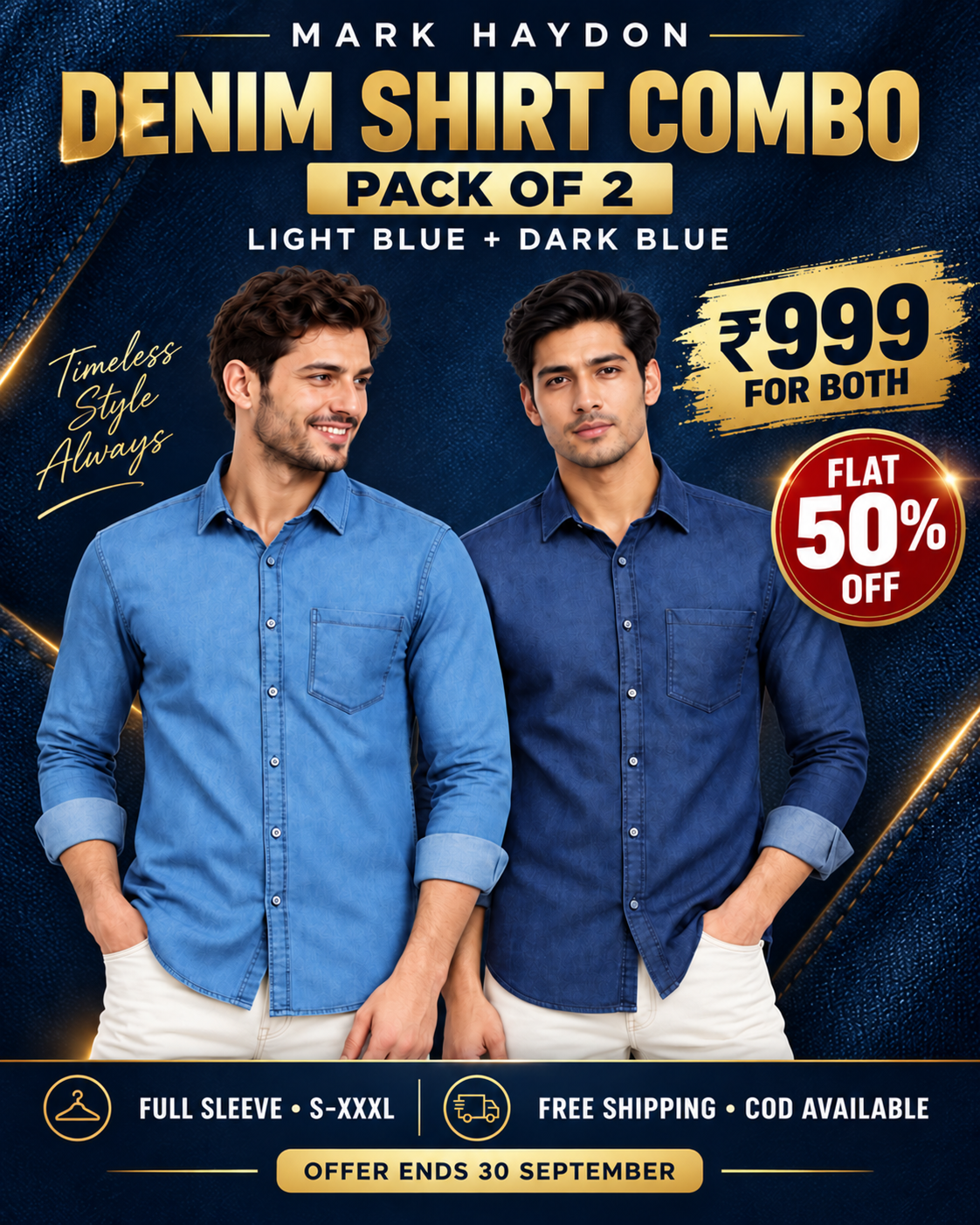 Mark Haydon men's denim shirt combo, light blue and dark blue full sleeve shirts
