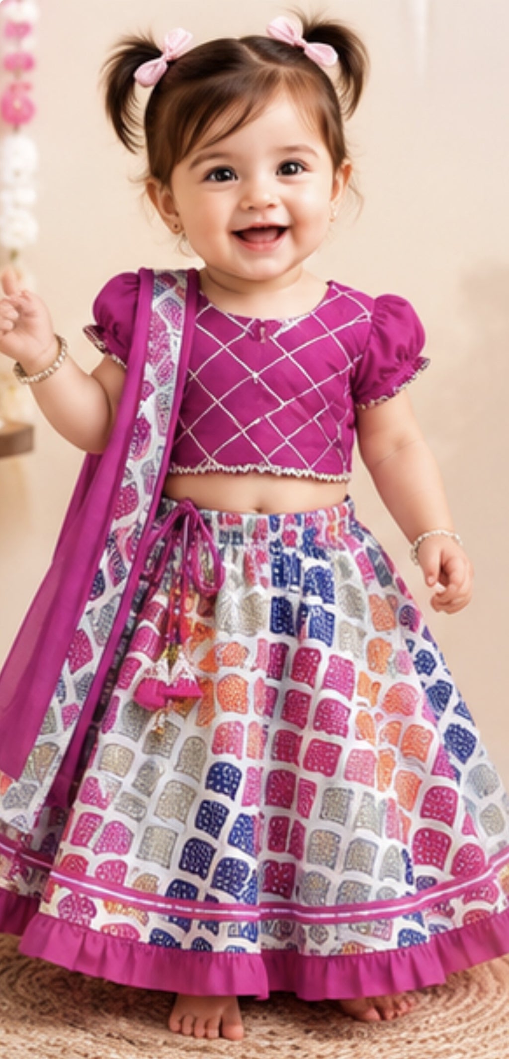 Kids Girls Lehenga Choli Set — Bandhani Print Cotton Festive Wear