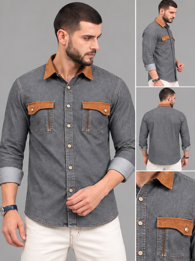 Grey CONTRA denim shirt for men — front, side, back and pocket detail