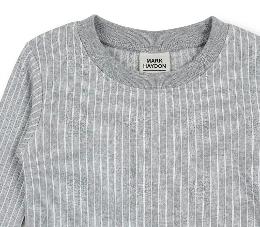 Close-up of kids thermal top – ribbed round neck, grey pinstripe knit, MARK HAYDON label