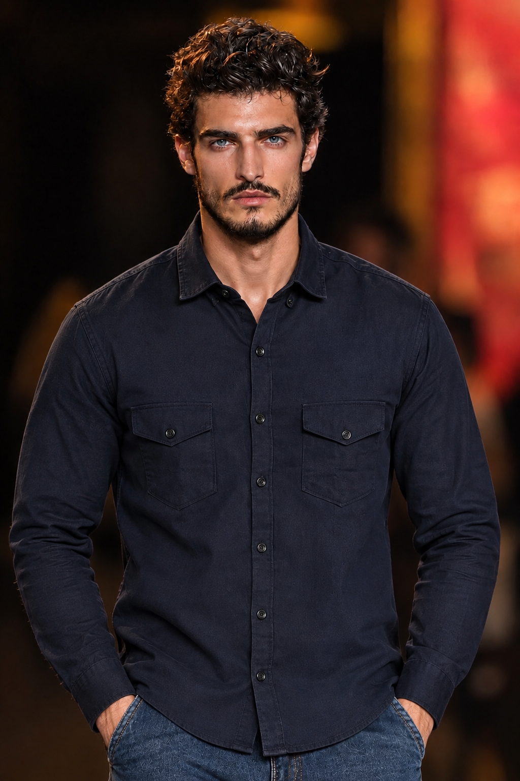 Mark Haydon men's self design casual shirt, dark blue, full sleeve — front view
