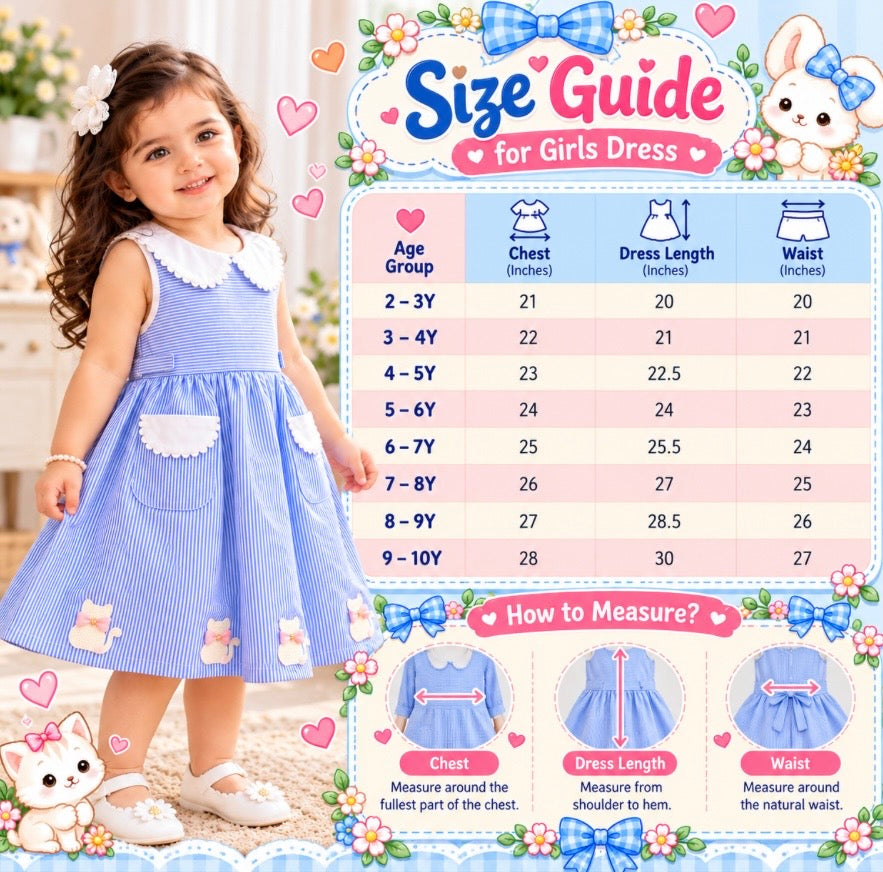 Mark Haydon Girls Blue Striped Pure Cotton Cat Appliqué Dress