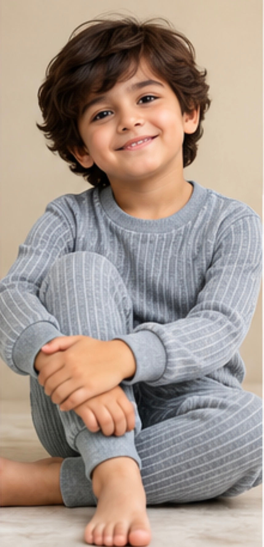 MARK HAYDON kids thermal set – grey striped full-sleeve top and bottom for boys & girls