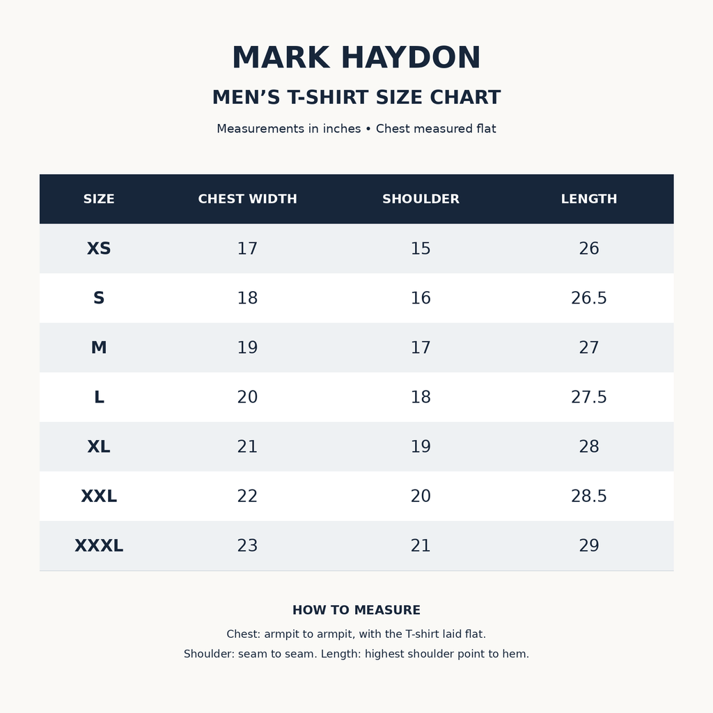 MARK HAYDON men's T-shirt garment size chart in inches