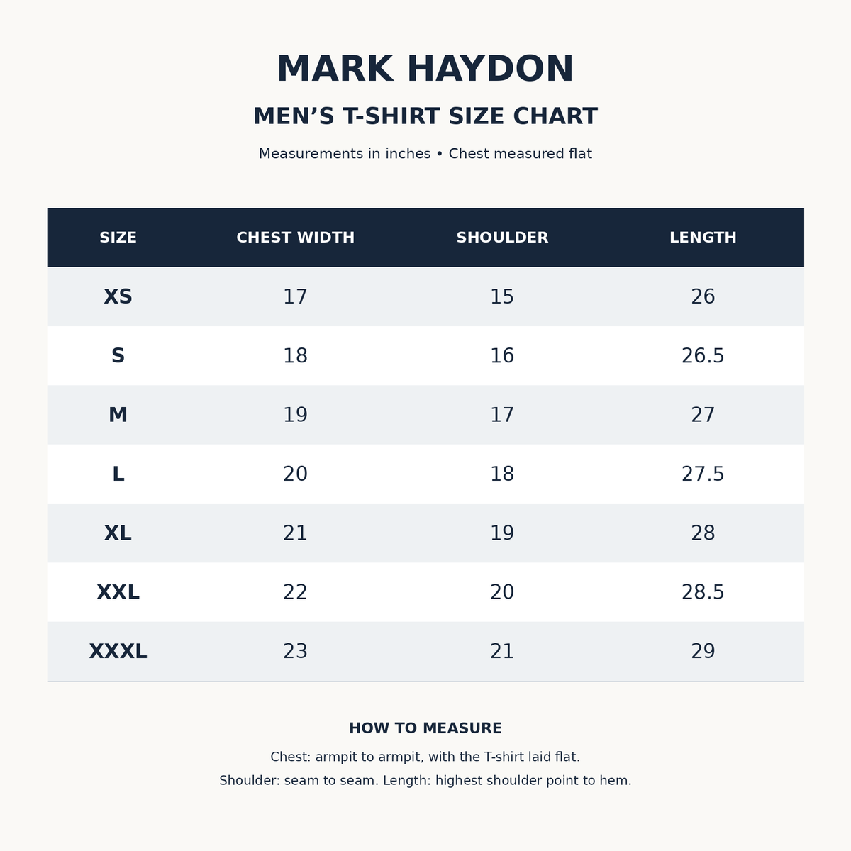 MARK HAYDON men's T-shirt garment size chart in inches