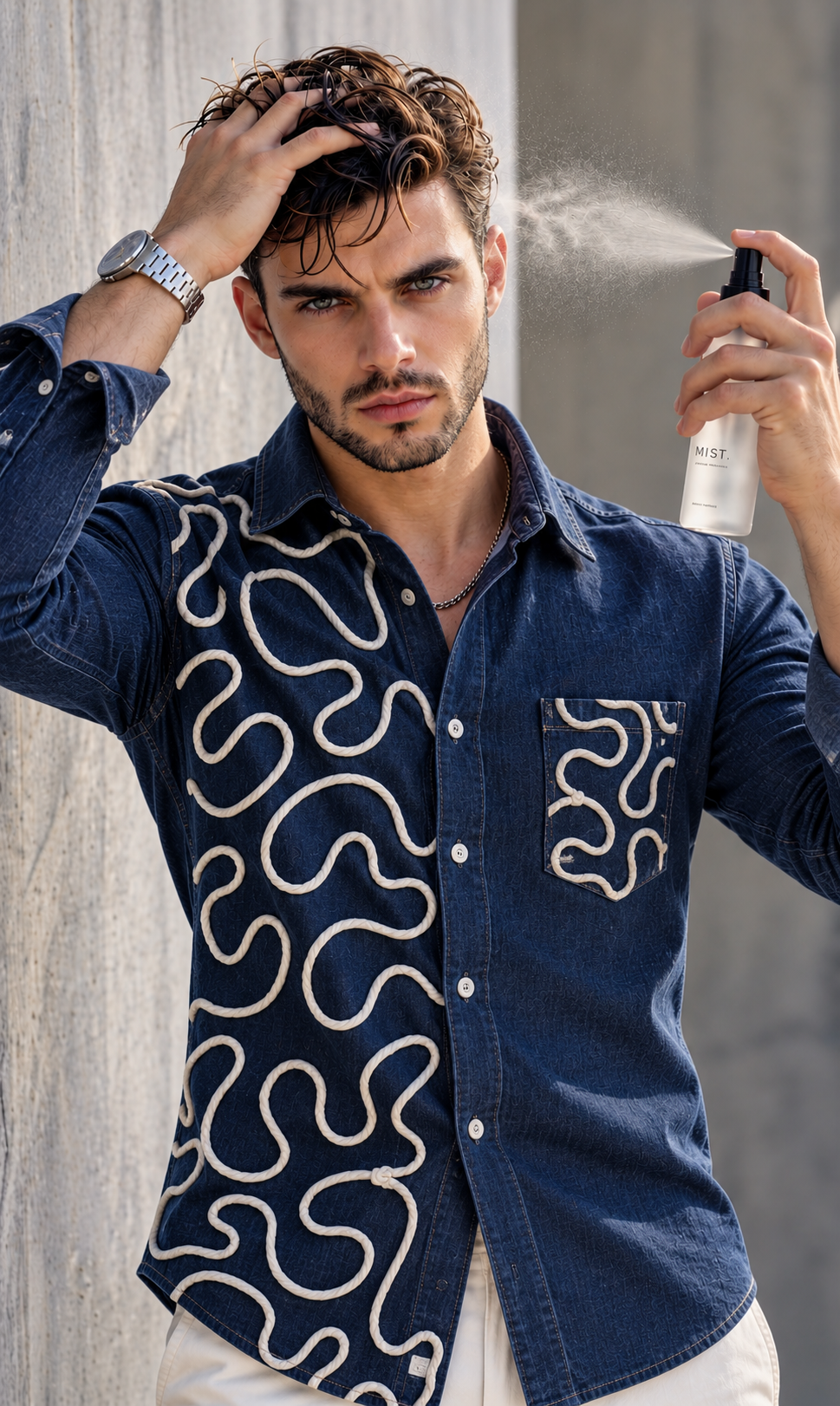 Front view of Sculpted Denim 001 showing the asymmetric rope composition on the placket and chest pocket