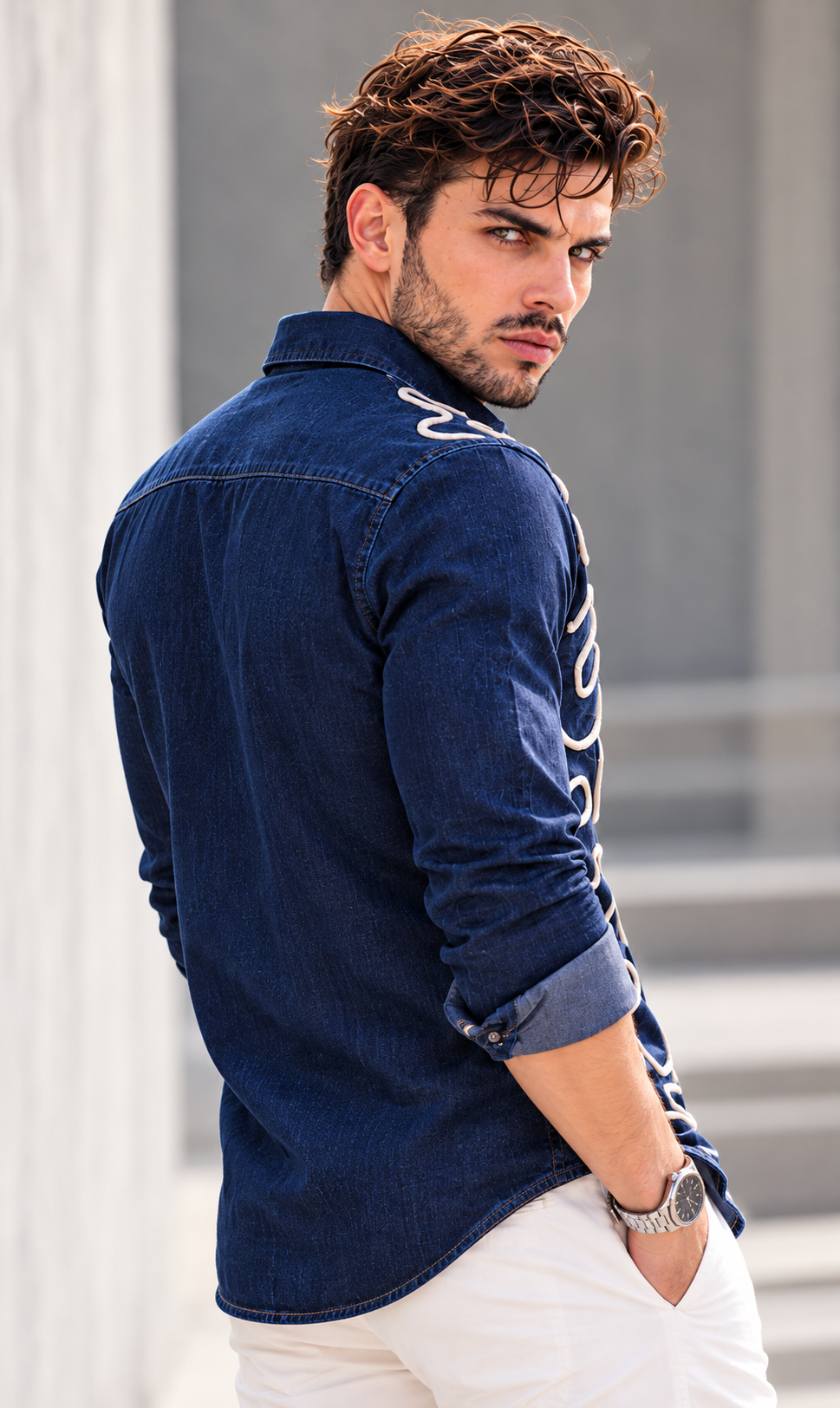 Back of Sculpted Denim 001 — plain indigo denim back and shoulder construction