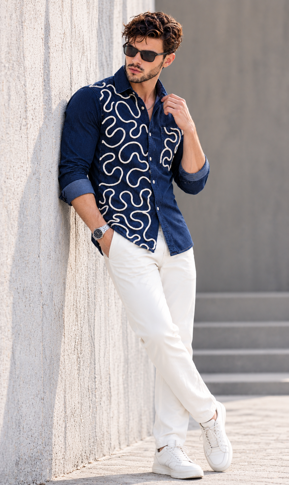 Sculpted Denim 001 hand-stitched designer shirt styled with white trousers, full-length view