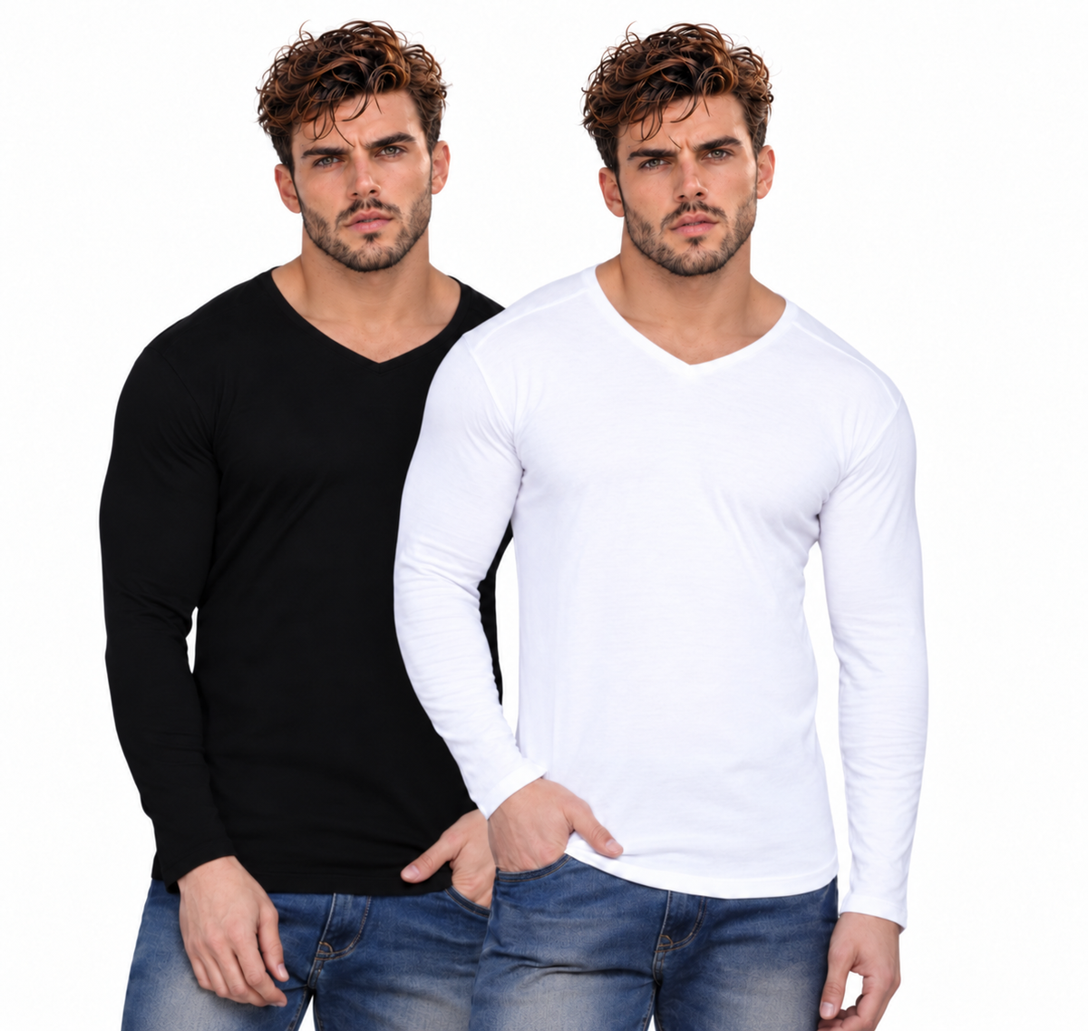 Men's Full Sleeve Cotton T-Shirt — Pack of 2, White & Black