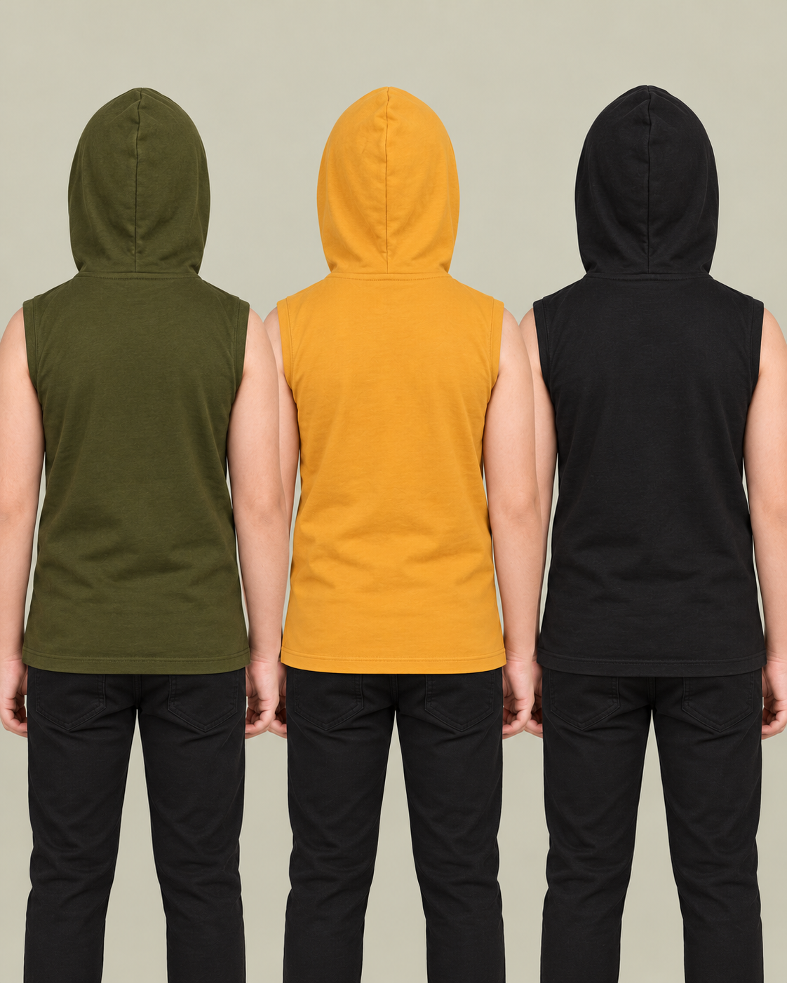Kids Sleeveless Sun Protection Mask Hoodie — Yellow, Black & Olive