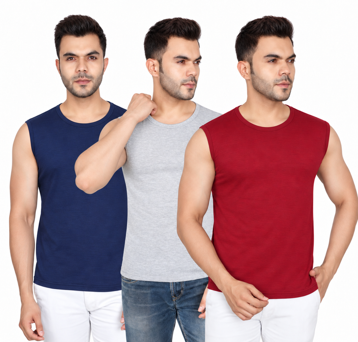 Men's Cotton Sando Vest — Pack of 3, Maroon, Grey & Blue