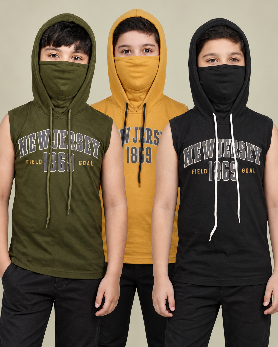 Kids Sleeveless Sun Protection Mask Hoodie — Yellow, Black & Olive