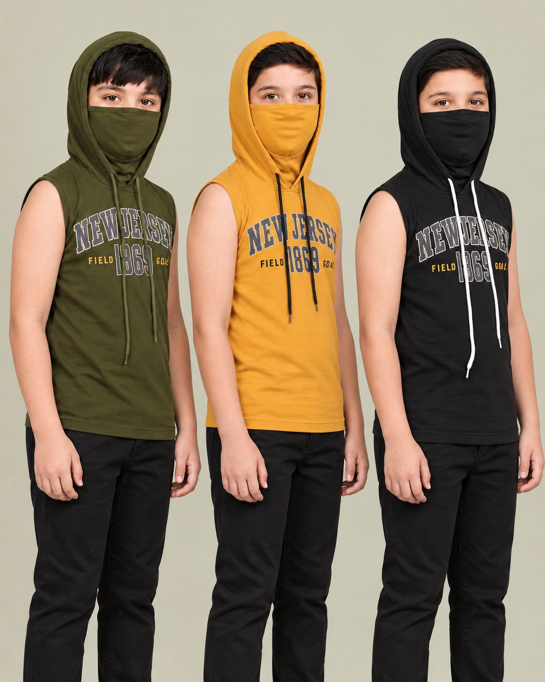 Kids Sleeveless Sun Protection Mask Hoodie — Yellow, Black & Olive