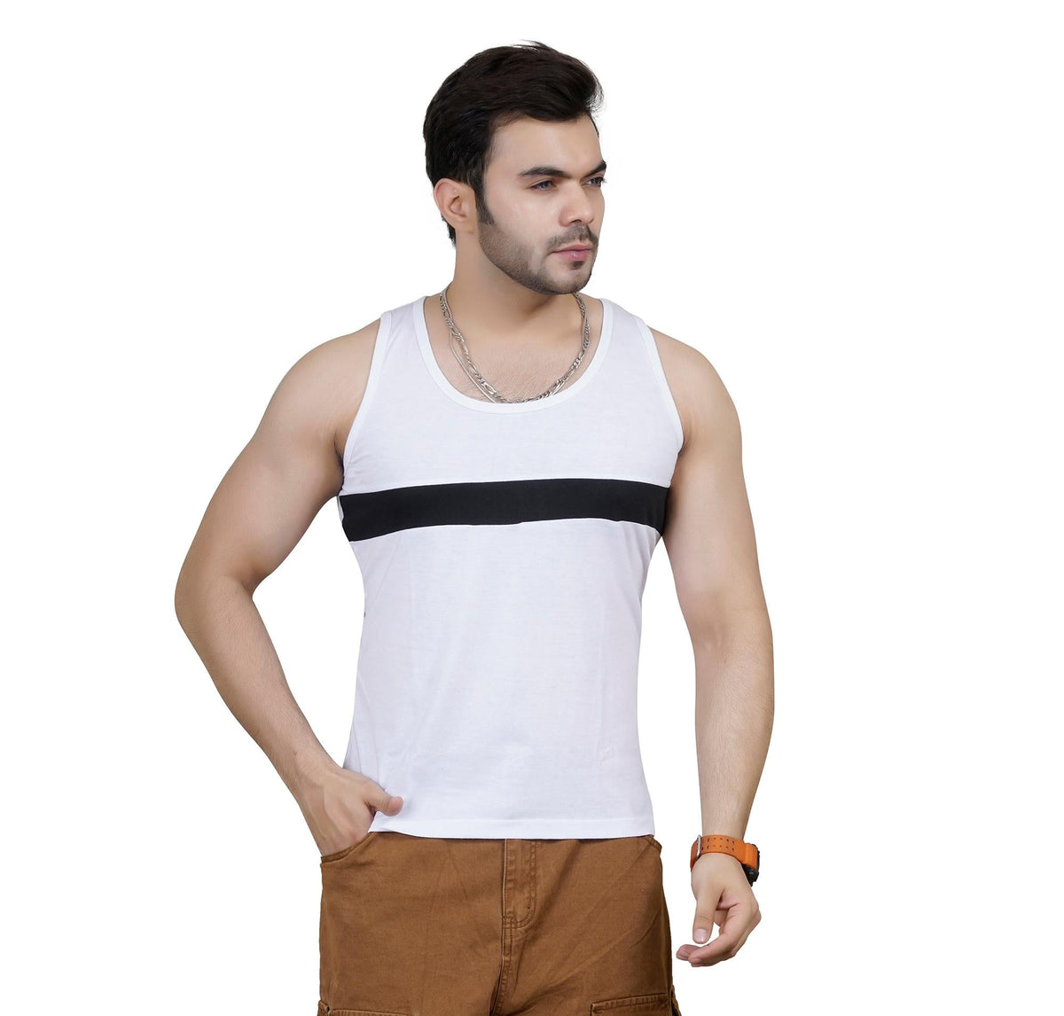 Men's Striped Sando Vest — White & Black Cotton Innerwear
