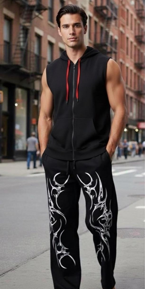 Men's Zipper Hoodie & Track Pants Set — Black, Chand Print