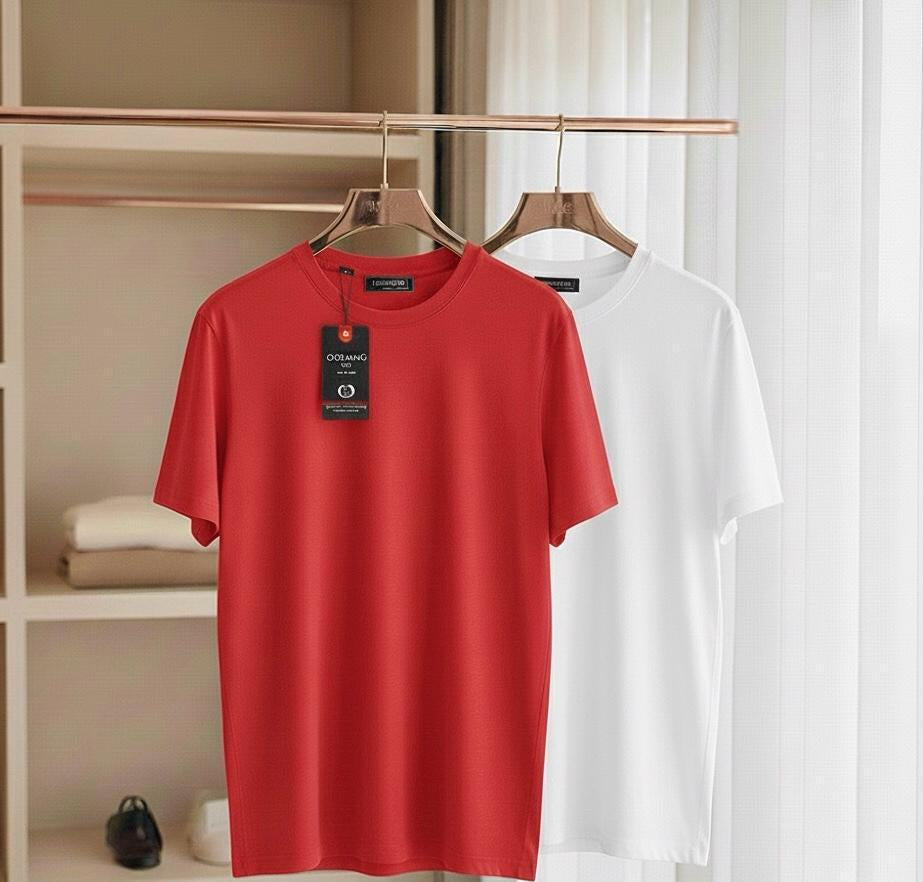 Men's Cotton Round Neck T-Shirt — Pack of 2, Red & White