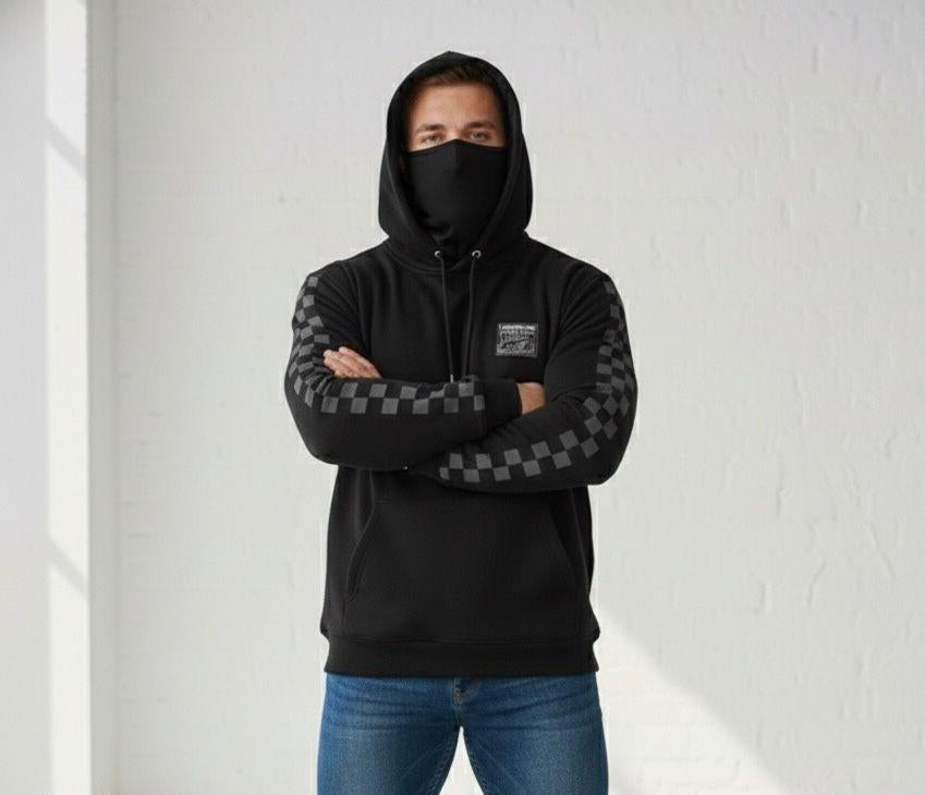Men's Checkered Print Mask Hoodie — Black