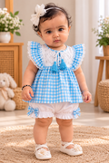 Mark Haydon baby girl blue and white check pure cotton top and bloomer set – front view