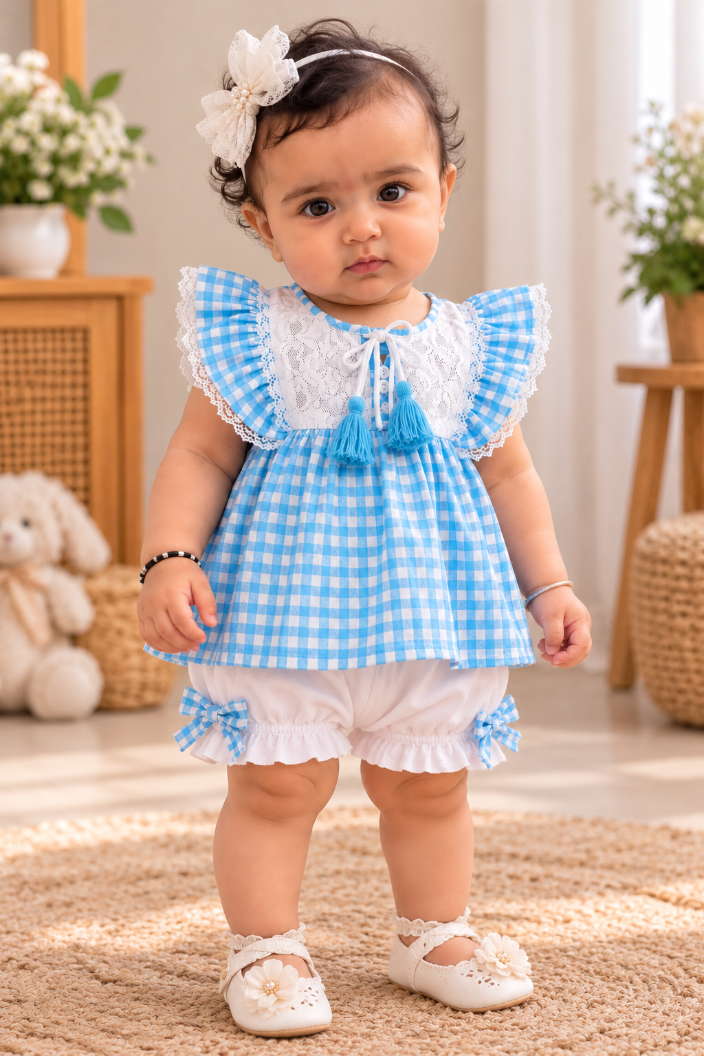 Mark Haydon baby girl blue and white check pure cotton top and bloomer set – front view