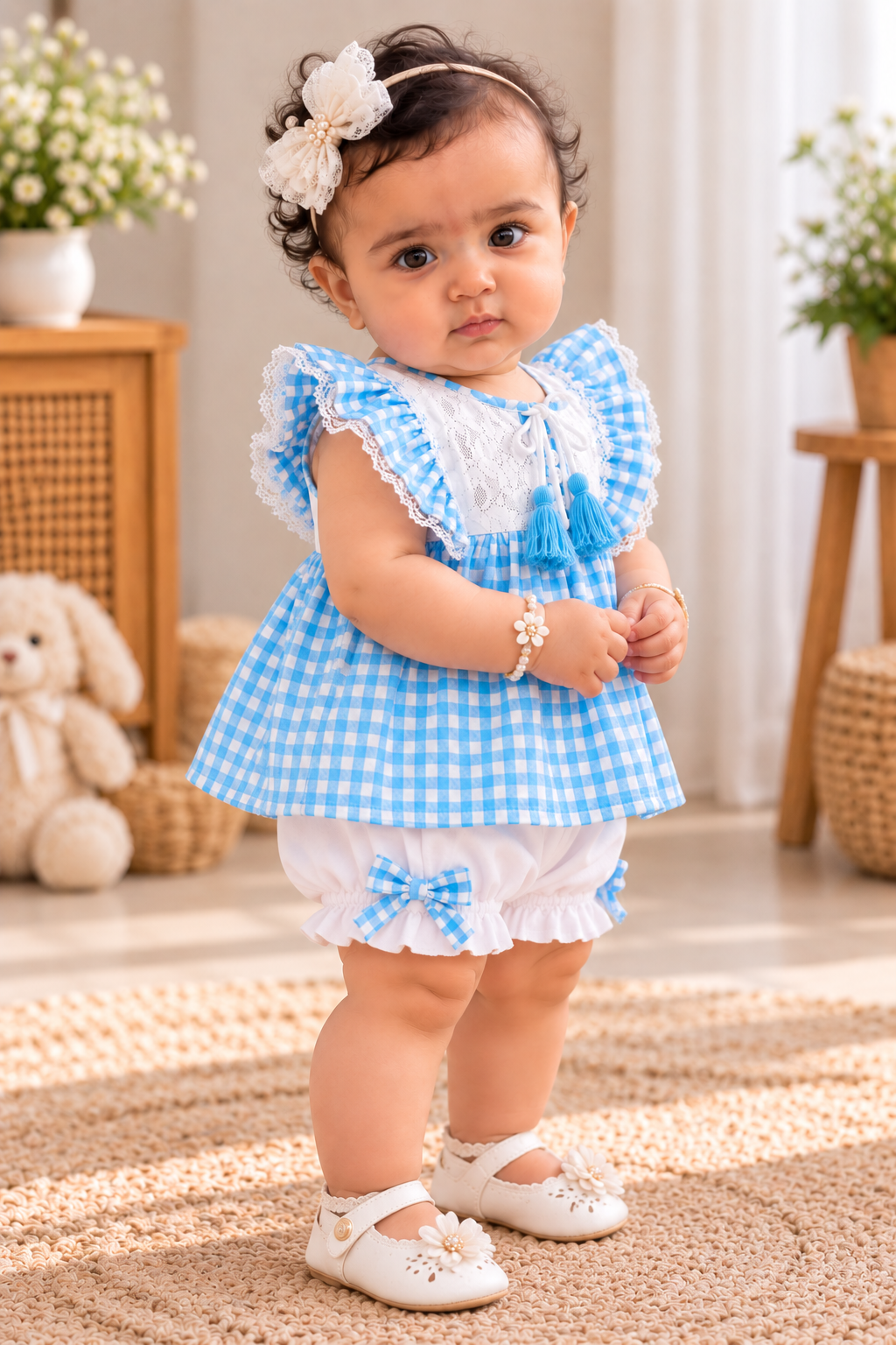 Mark Haydon baby girl blue and white check pure cotton top and bloomer set – angled view