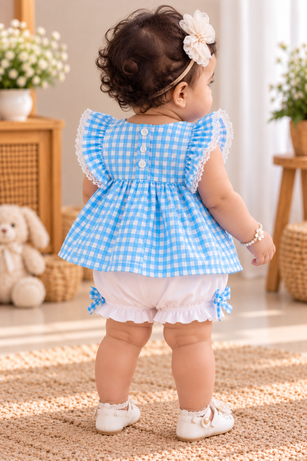 Mark Haydon baby girl blue and white check pure cotton top and bloomer set – back button view