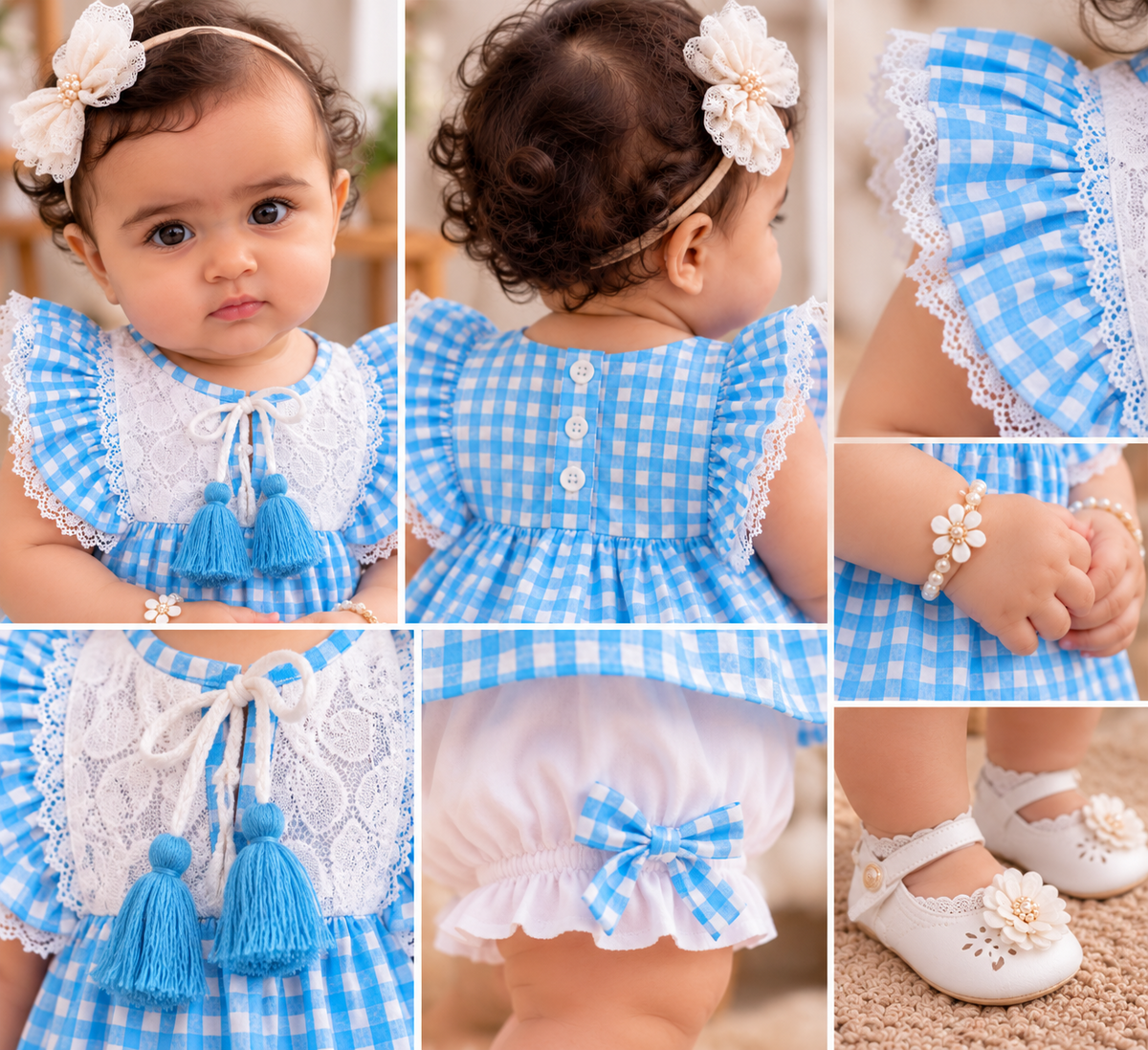 Mark Haydon baby girl blue and white check pure cotton top and bloomer set – lace, tassel and bow details