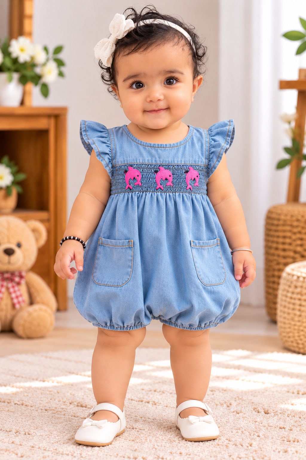 Mark Haydon light blue baby girl dolphin embroidered denim romper – front view