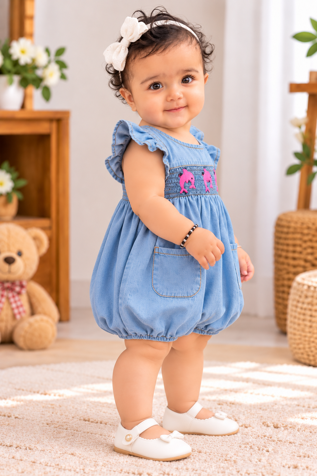 Mark Haydon light blue baby girl dolphin embroidered denim romper – side view
