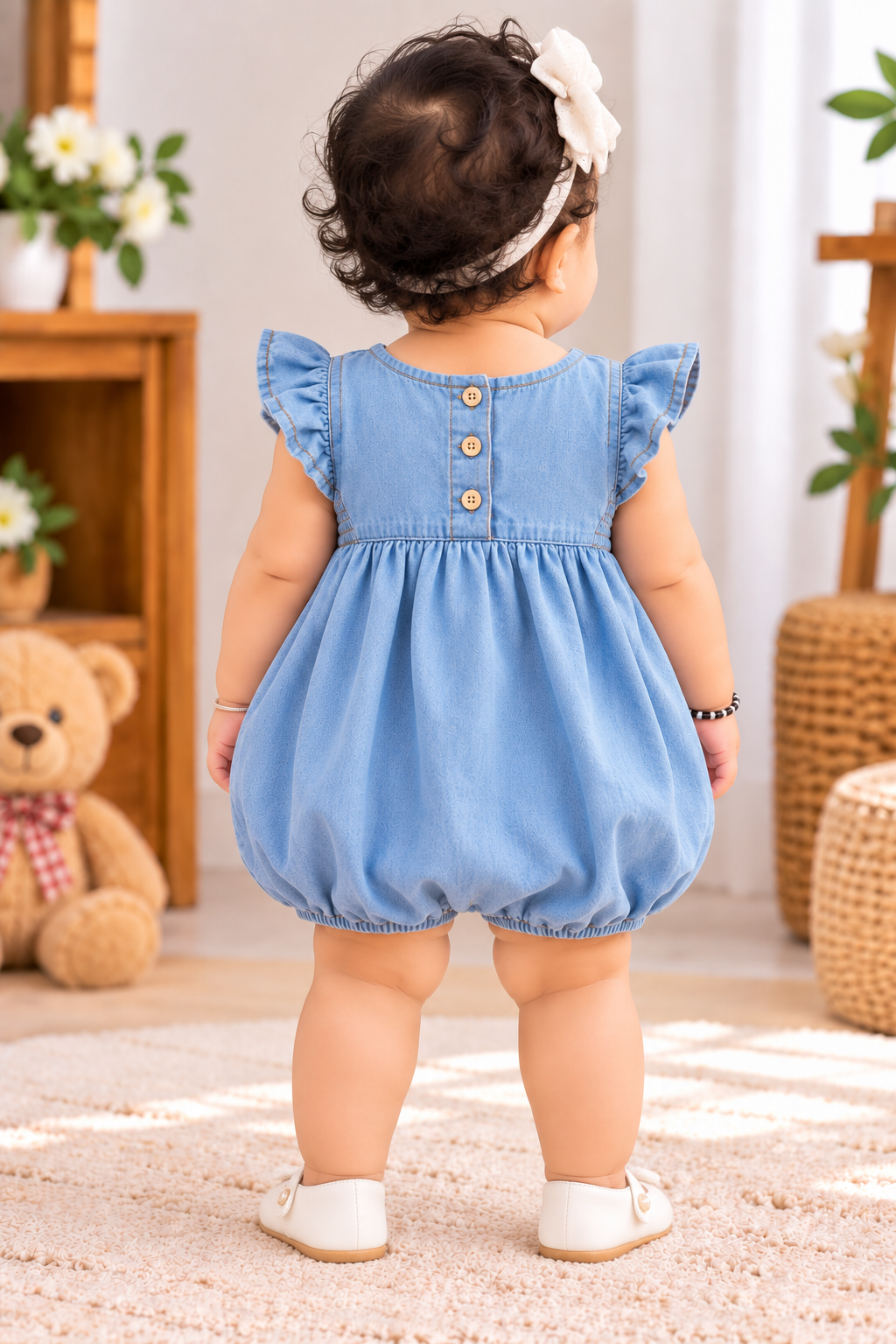 Mark Haydon light blue baby girl dolphin embroidered denim romper – back button view