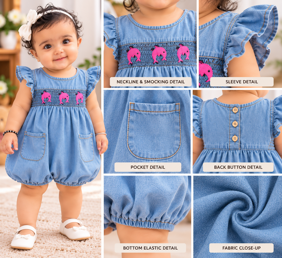 Mark Haydon light blue baby girl dolphin embroidered denim romper – embroidery, ruffle sleeve and pocket details