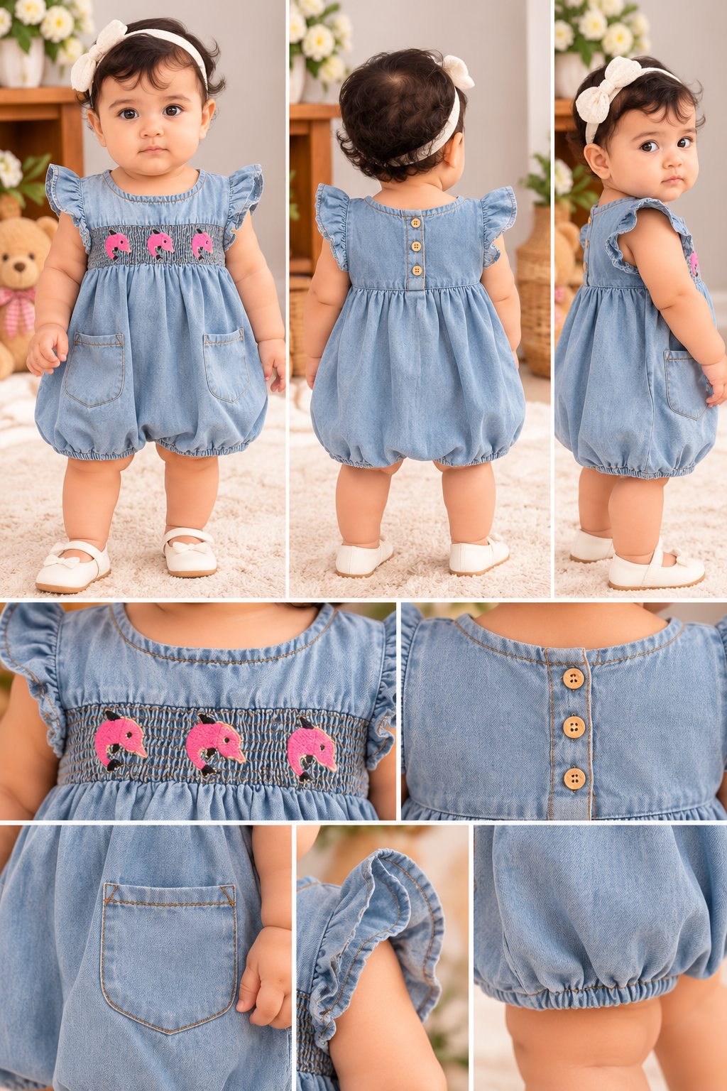 Mark Haydon light blue baby girl dolphin embroidered denim romper – multi-angle product details