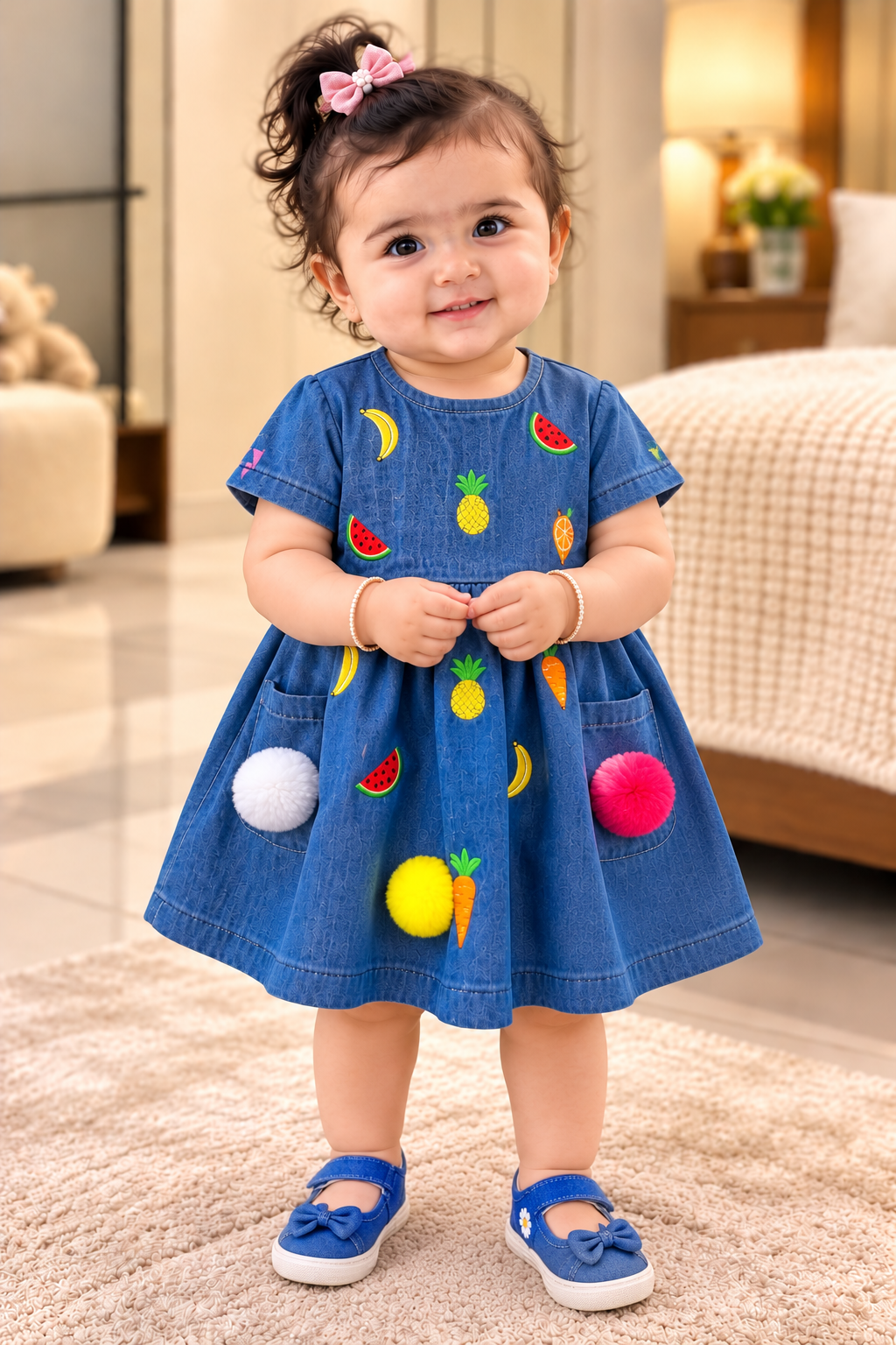 Baby girl fruit embroidered blue denim dress front view by Mark Haydon