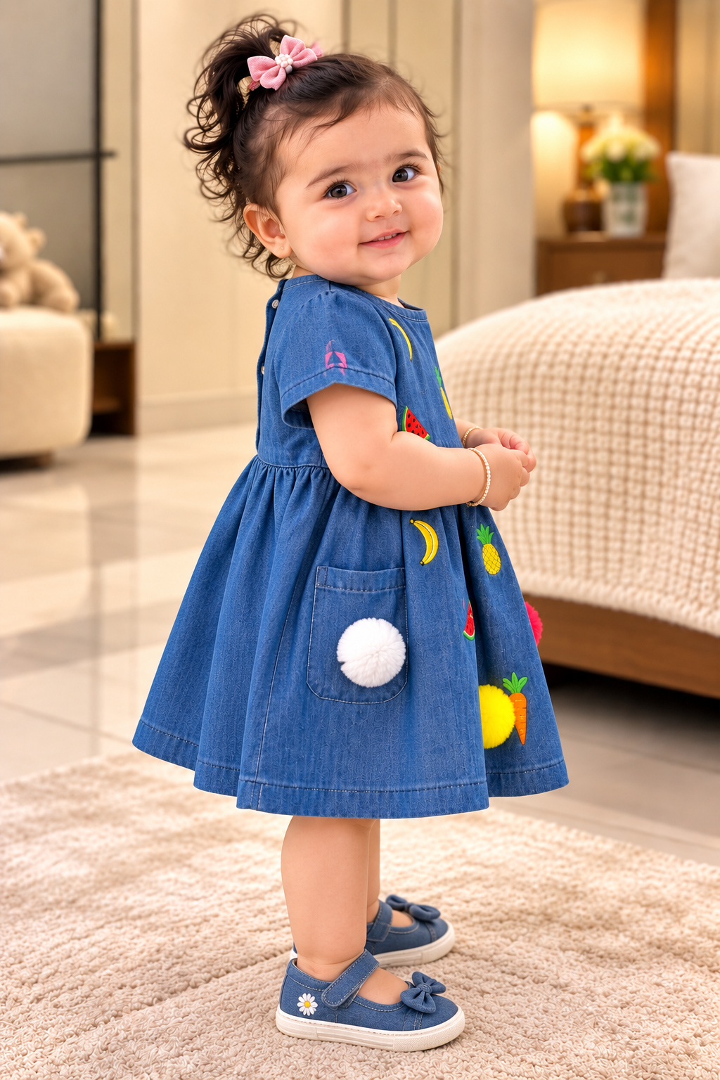 Mark Haydon baby girl denim dress side view with fruit embroidery