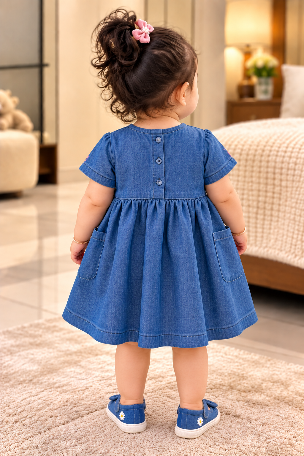Blue denim baby girl dress back view with button closure