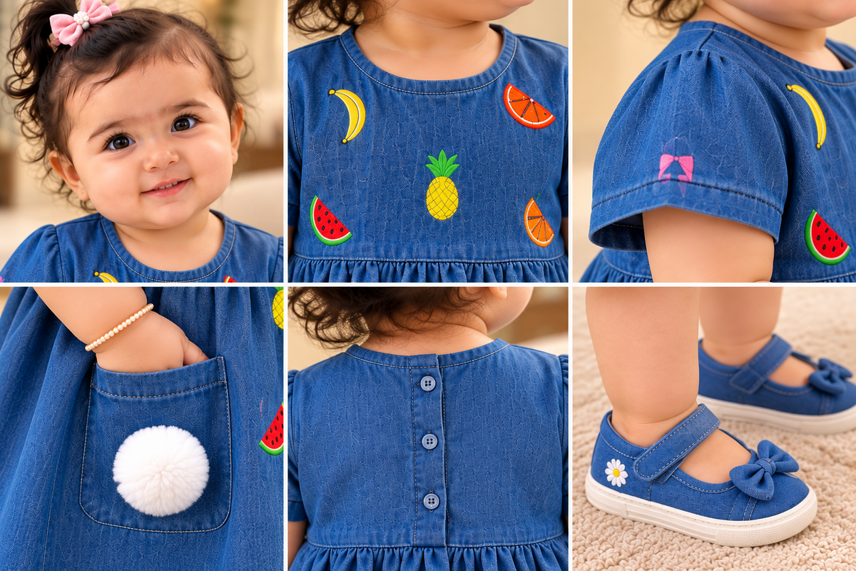 Fruit embroidery and pom-pom pocket details on Mark Haydon denim dress