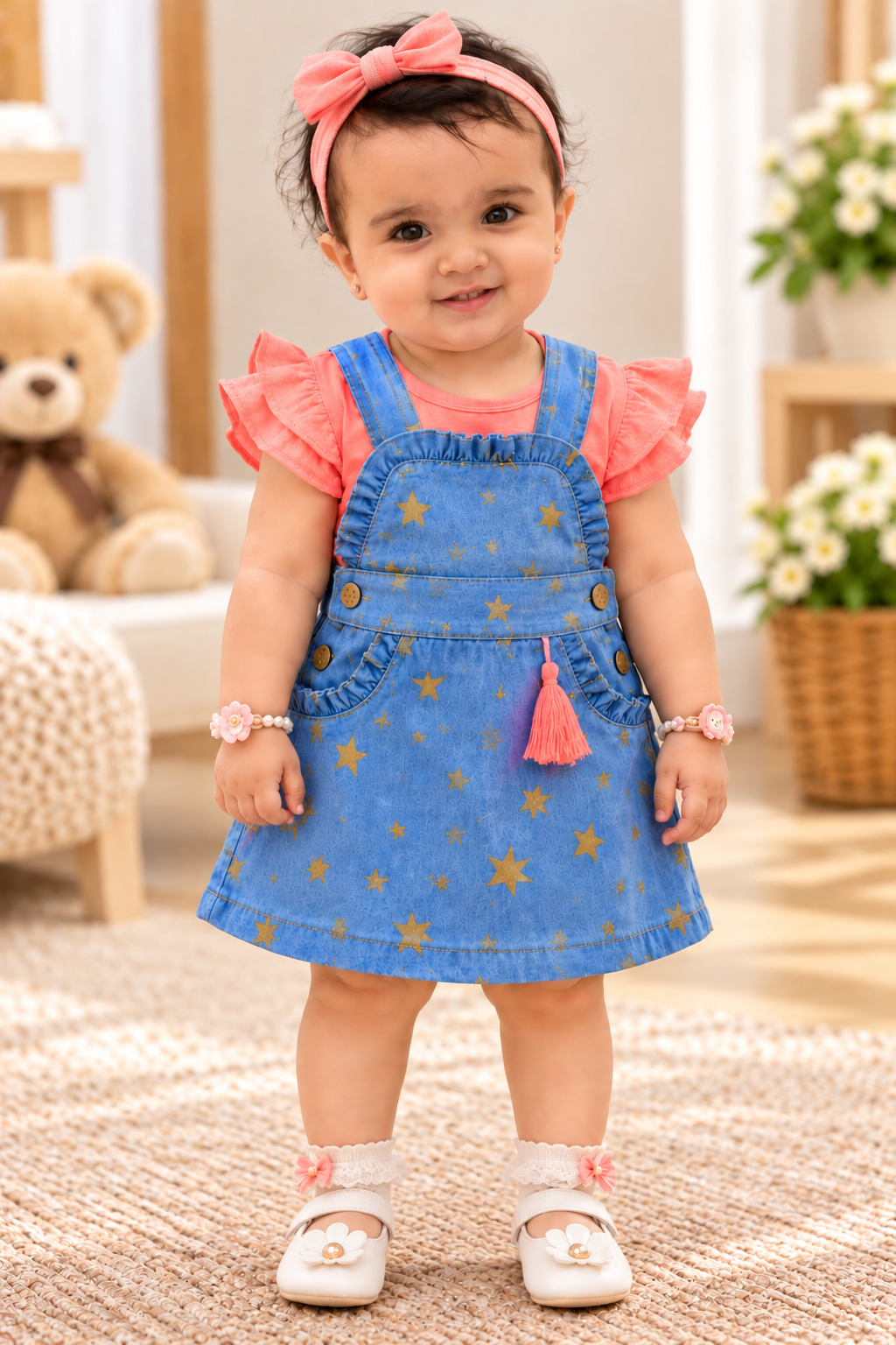 Mark Haydon baby girl blue star print pinafore and coral cotton top – front