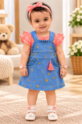 Mark Haydon baby girl blue star print pinafore and coral cotton top – front