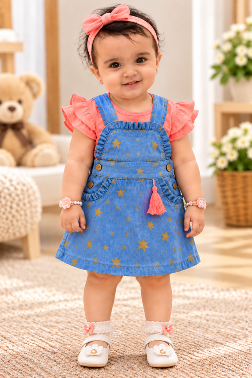 Mark Haydon baby girl blue star print pinafore and coral cotton top – front