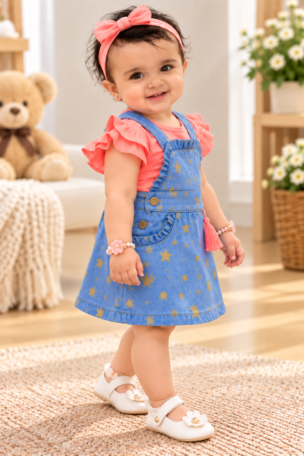 Mark Haydon baby girl blue star print pinafore and coral cotton top – angled view