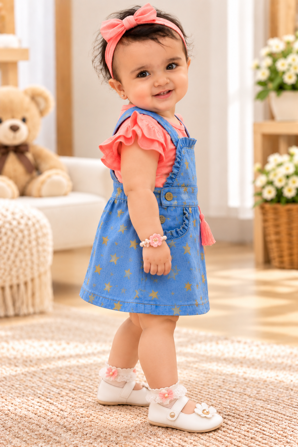 Mark Haydon baby girl blue star print pinafore and coral cotton top – side