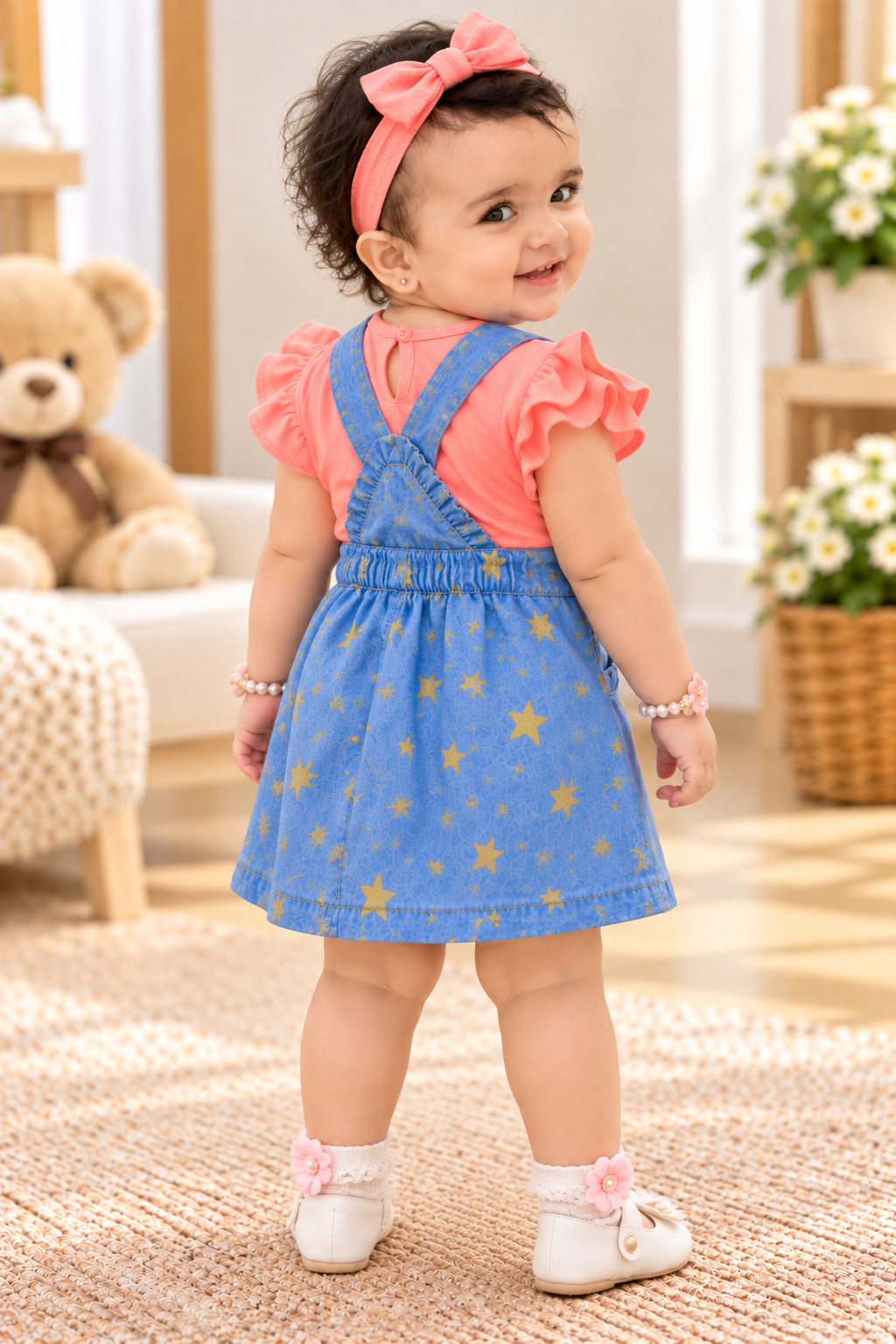 Mark Haydon baby girl blue star print pinafore and coral cotton top – back
