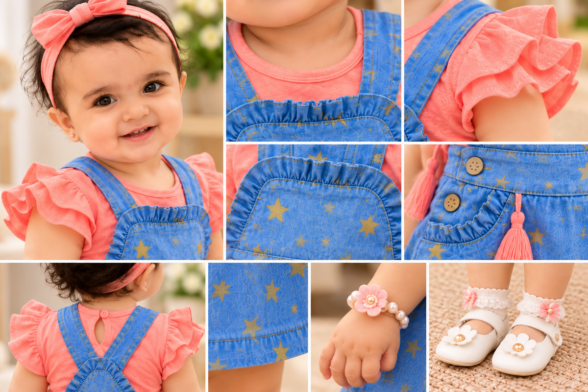 Mark Haydon baby girl blue star print pinafore and coral cotton top – details