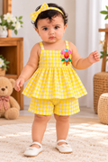 Mark Haydon baby girl yellow and white gingham check top and shorts set – front view