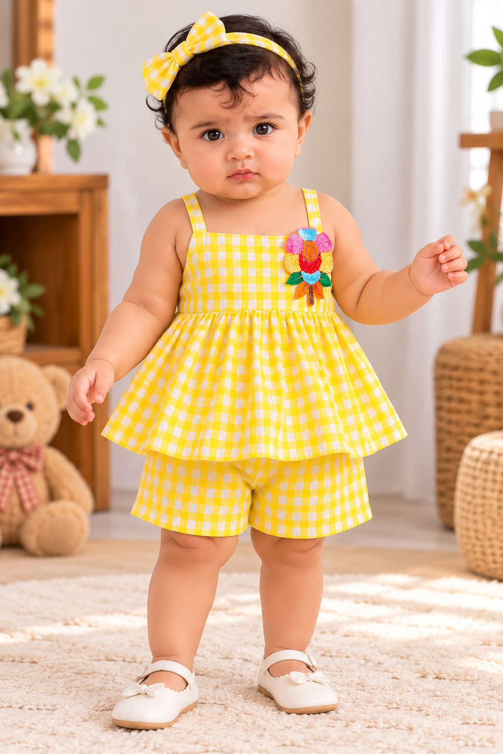 Mark Haydon baby girl yellow and white gingham check top and shorts set – front view